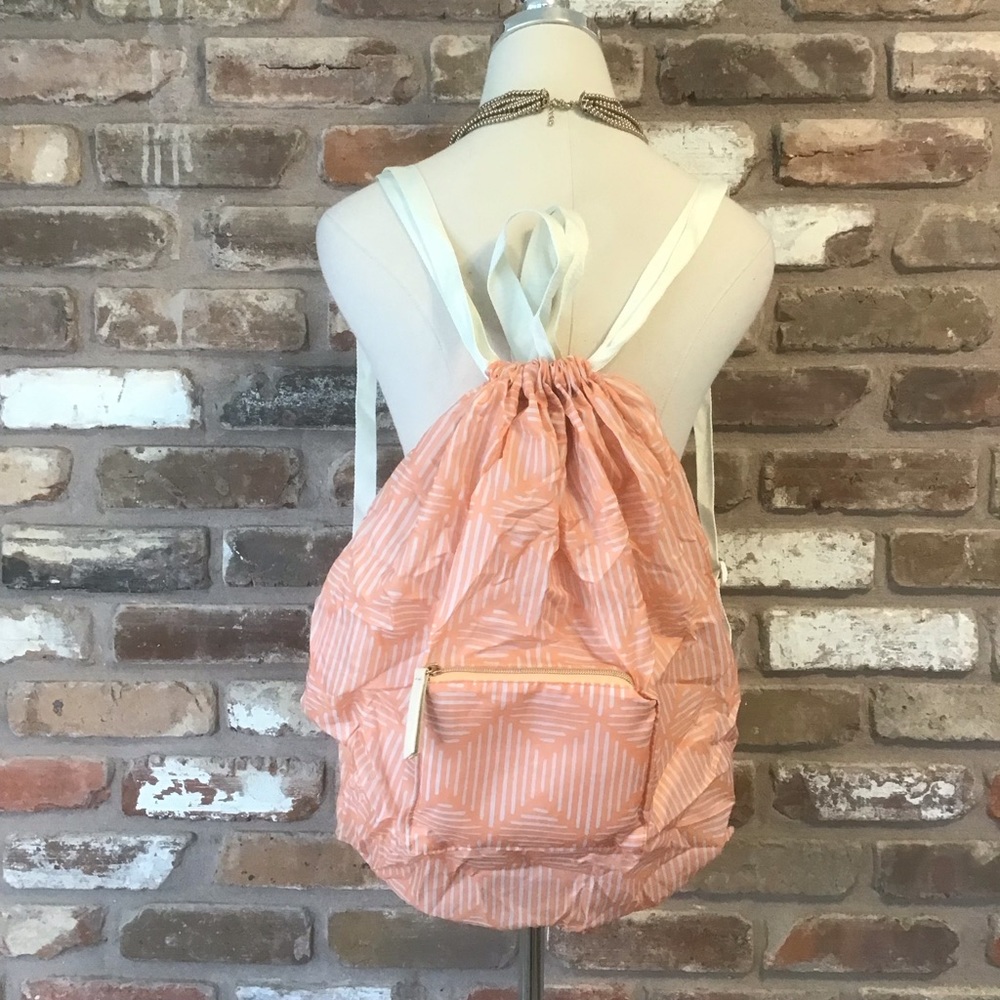 JUNGALOW BY JUSTINA BLAKENEY Packable Drawstring Peach Cream Nylon Backpack Tote